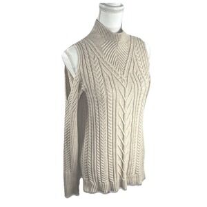 Michael Kors Cable Knit Sweater Sz L Cream Beige Mock Neck Cold Shoulder Chunky